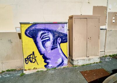 peinture sur un coffret technique Telecom : le personnage emblématique d'EXIST (en 3 couleurs)