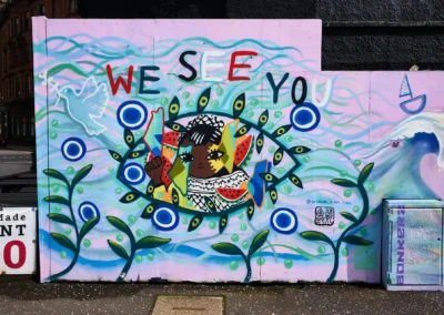 Un dessin mural récent d'Ursula Kam-Ling représentant des Water Melon, symbole du peuple palestinien