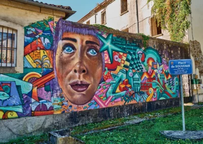 Détail de la fresque Place du Souvenir : artistes Supo Caos, Isaac Barreda, Soukoz