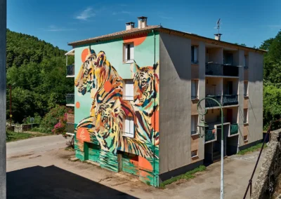 Résidence des Tigres : nom donné par les habitants ! fresque sur 3 étages dans la résidence Lalle : artiste urbain : Le Long