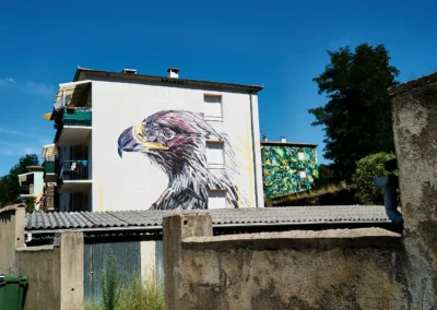 Vue de loin : fresque de L'Aigle , résidence Lalle : artiste K.YOÔ