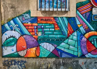 Détail de la fresque Place du Souvenir : pour le MIAOU : artistes Supo Caos, Isaac Barreda, Soukoz